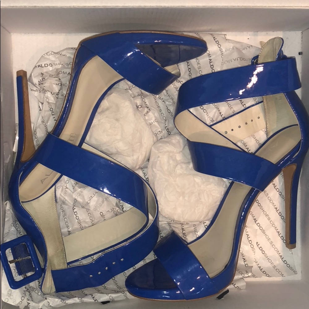 Blue high heel sandals.